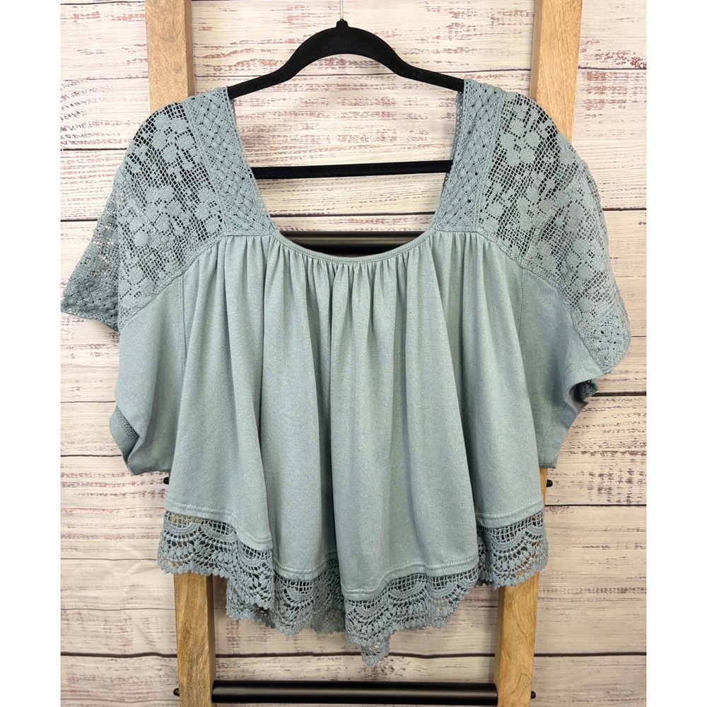 🪷 Free People Boho Crochet Lace Embroidered Prairie Days Top Blue/Green Medium 🪷 - Picture 9 of 13